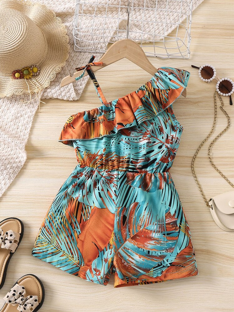 Toddler Girls Tropical Print Ruffle Trim Asymmetrical Neck Romper | SHEIN