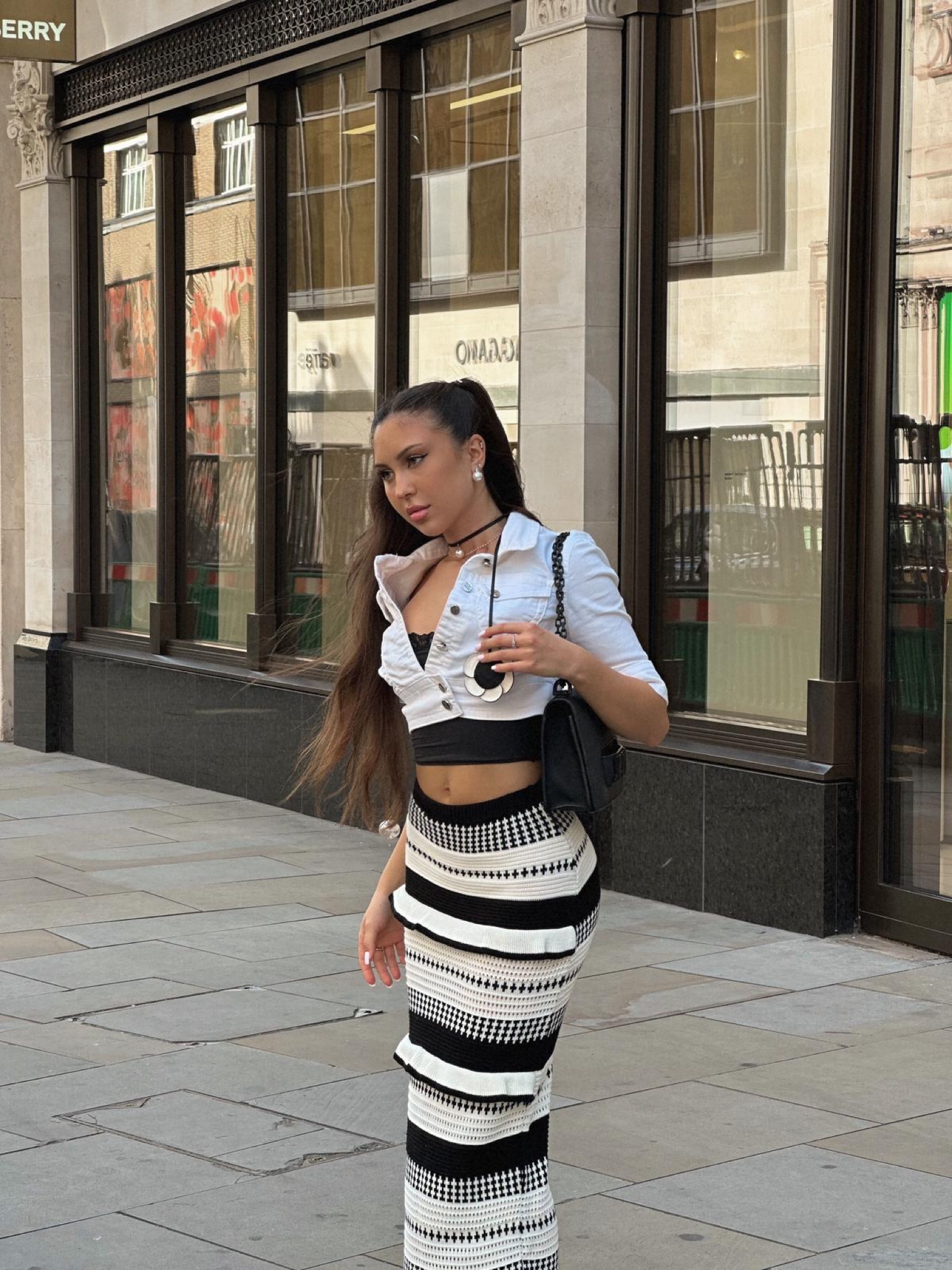 White and black striped maxi skirt, black vest, 3/4 white denim jacket, skims tops pearl chocker, plt 

#LTKstyletip #LTKeurope #LTKSeasonal