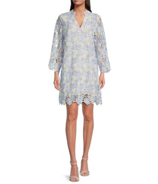 Maggie Floral Lace Split V-Neck Long Sleeve Shift Dress | Dillard's