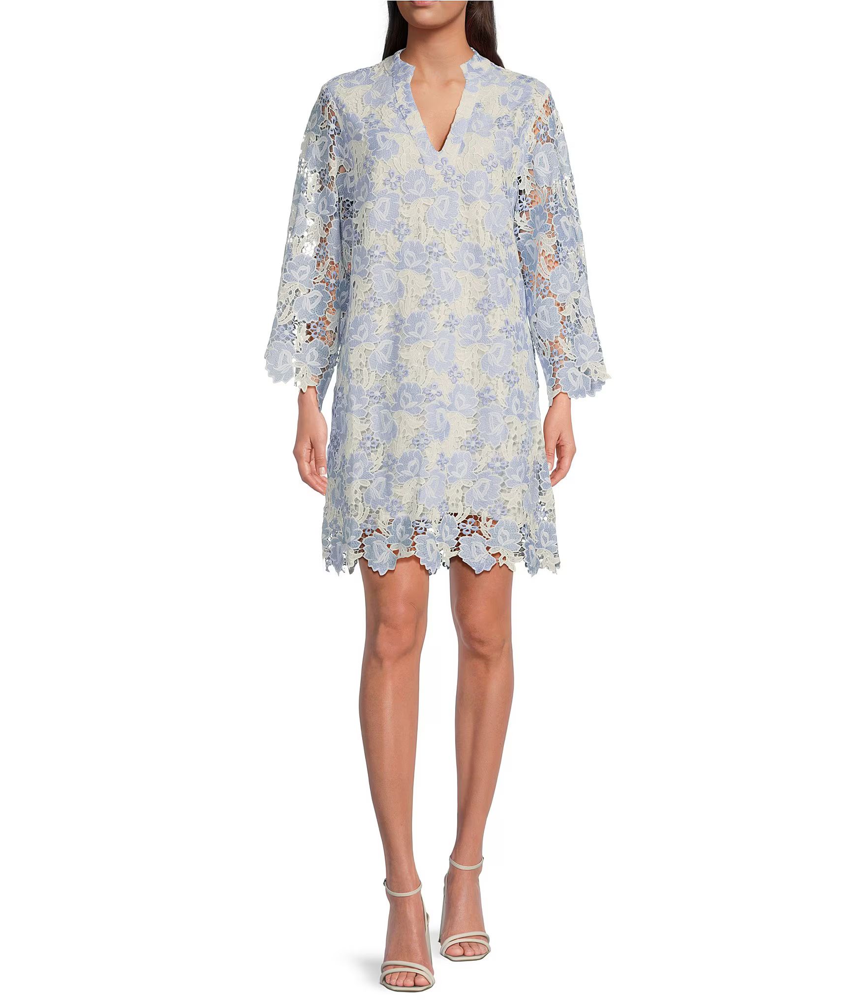 Maggie 3D Floral Lace Split V-Neck Long Sleeve Shift Dress | Dillard's