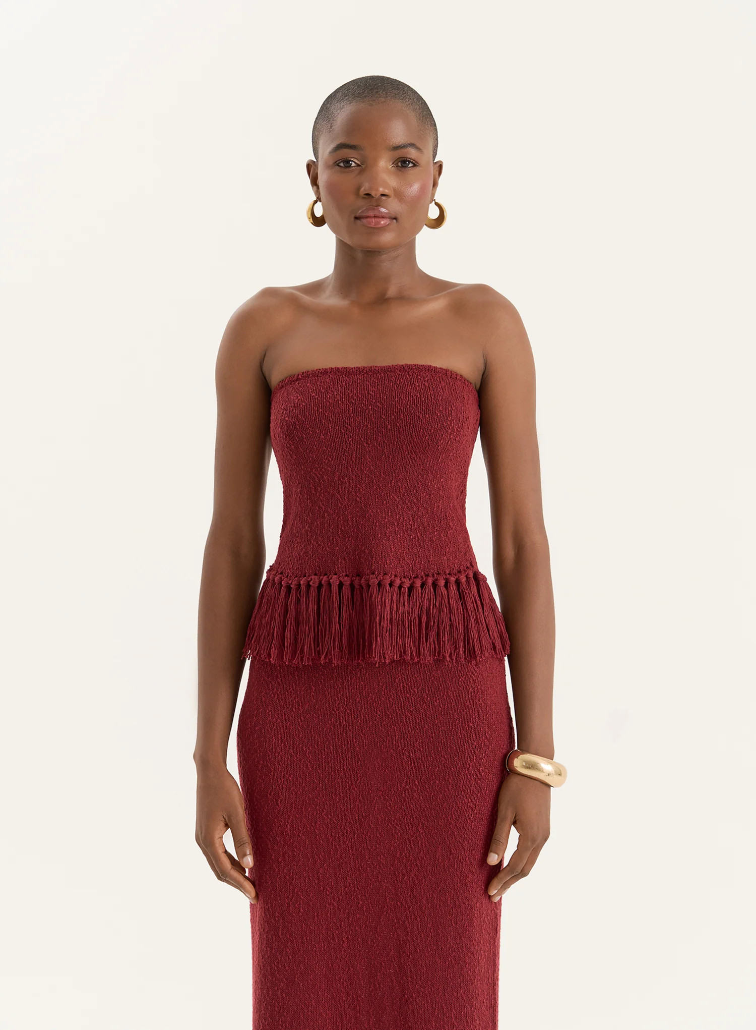 Burgundy Tassel Trim Knitted Bandeau Top- Gabby | 4th & Reckless