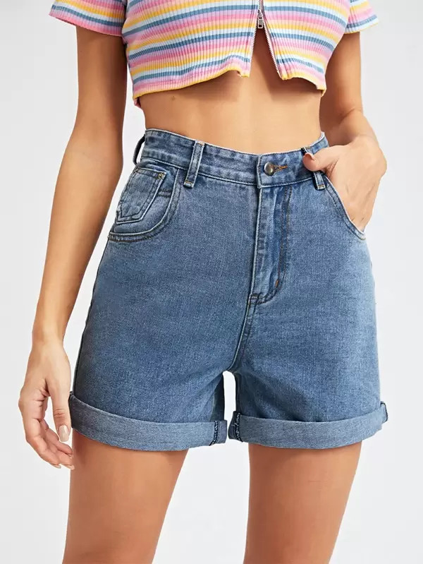 Turn Up Hem Solid Denim Shorts | SHEIN