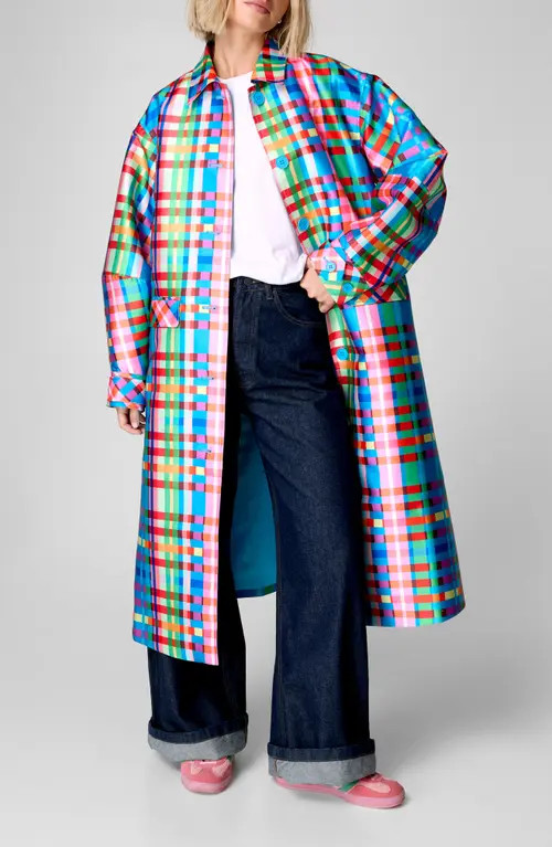 NASTY GAL Check Longline Satin Coat in Blue Multi at Nordstrom, Size 4 | Nordstrom