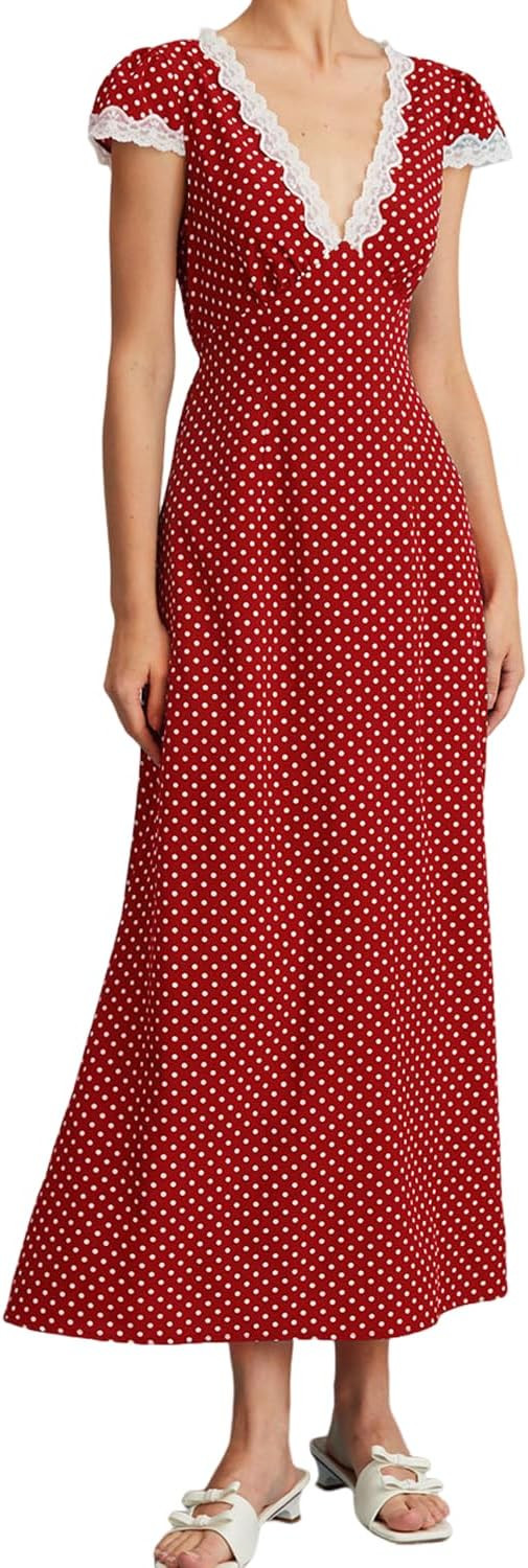 Women Summer Dresses Deep V Neck Polka Dot Prined Splice Lace Dress Elegant Cotton for Party | Amazon (US)