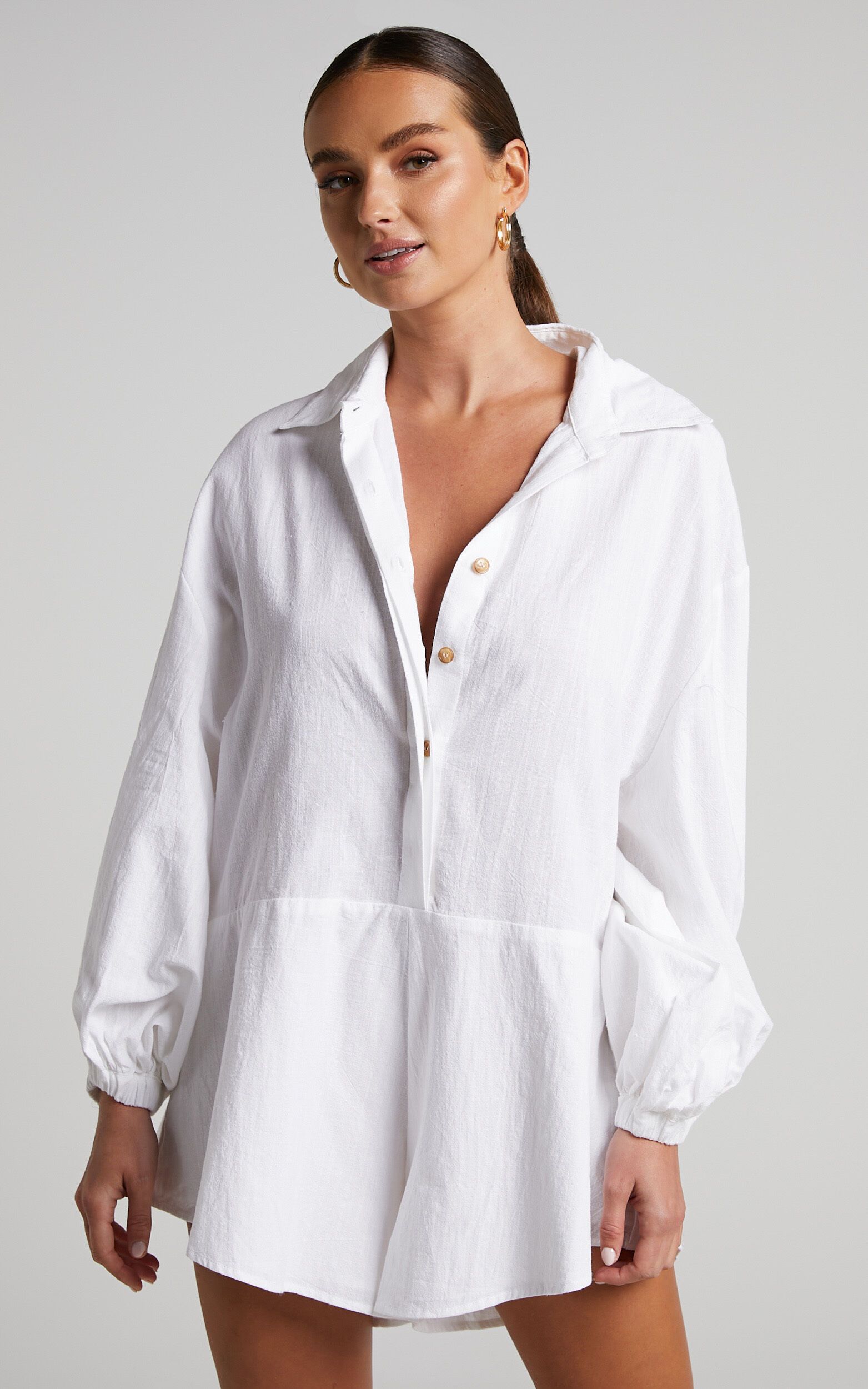 Anka Playsuit - Relaxed Button Front Shirt Playsuit in White | Showpo (US, UK & Europe)