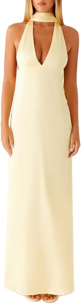 Womens Halter Floral Maxi Dress Deep V Neck Backless Bodycon Long Dresses Y2k Formal Cocktail Goi... | Amazon (US)