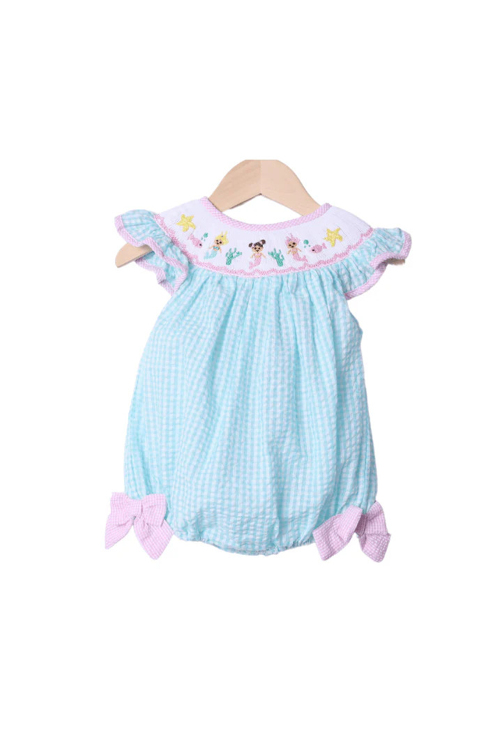Smocked Turquoise Seersucker Mermaid Bubble | The Smocked Flamingo