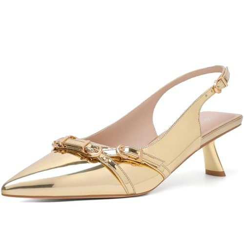 Mostrin Gold Kitten Heels for Women Sexy Pointed Toe Slingback Low Heels Dressy Pumps Shoes with Buckle for Party Size 10 | Amazon (US)