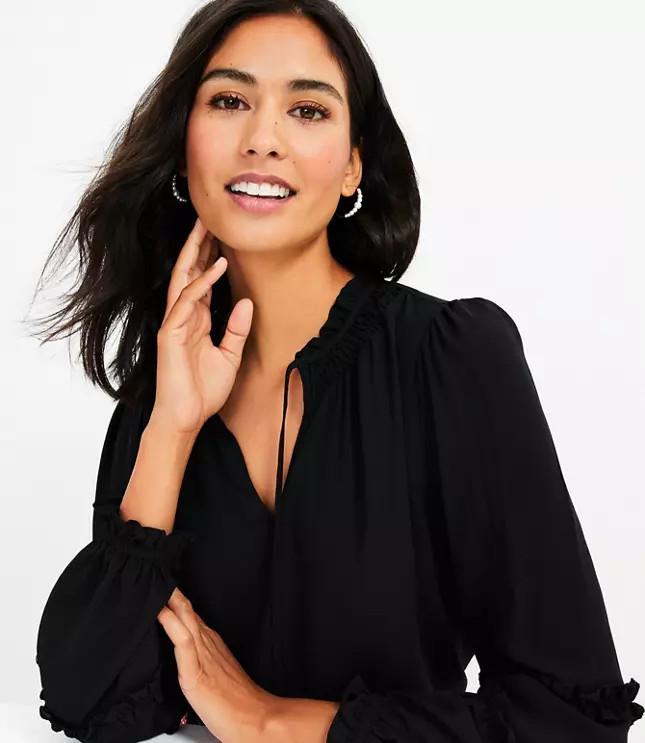 Smocked Ruffle Tie Neck Blouse | LOFT