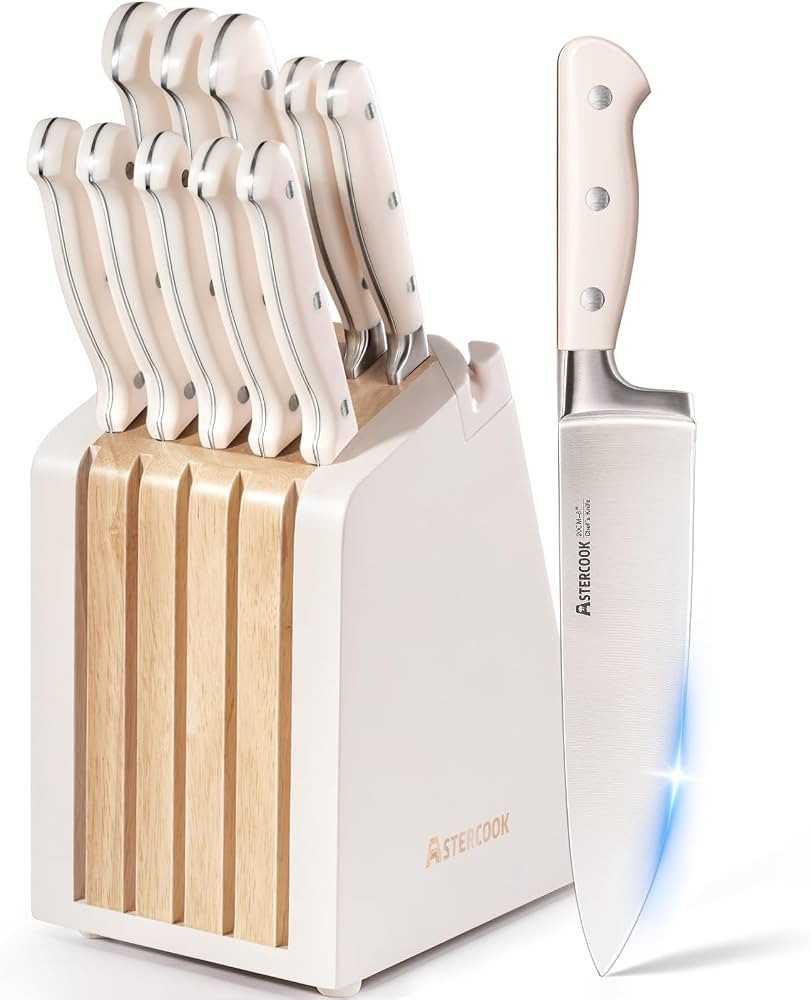 Astercook Knife Set, Kitchen Knife Set with Block and Sharpener, 12 Pcs Ultra-Sharp High Carbon S... | Amazon (US)