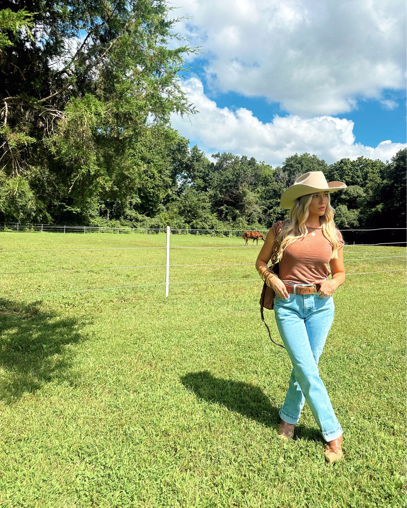 Wrangler fall denim - tending denim, denim for fall, fall 2025, wrangler denim, western wear, western ootd, farm life, riding outfit, felt hat, purse, suede purse, cowgirl style 

#LTKSeasonal #LTKItBag #LTKStyleTip