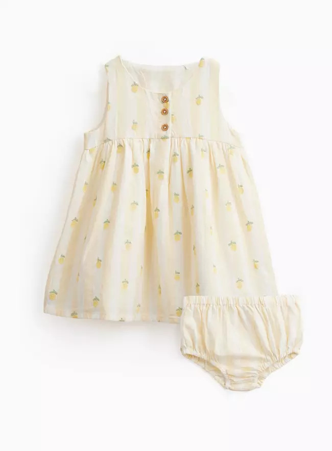 Buy Cream Stripe Lemon Print Sleeveless Dress & Knickers Set 12-18 months | Baby Holiday Clothes ... | Tu Clothing