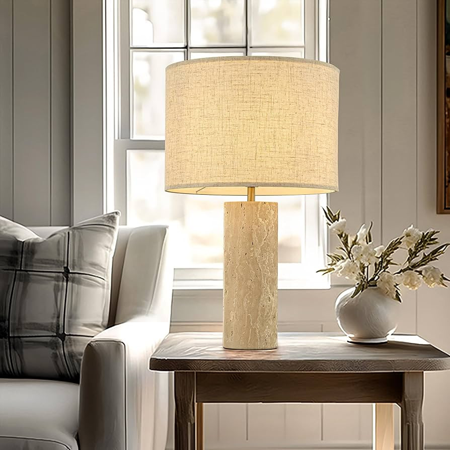 1-Light H22in Modern Coastal Table Lamp Natural Cylinder Travetine Stone Base Bedside Lamp with B... | Amazon (US)