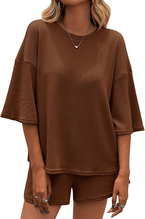 Tankaneo Womens 2 Piece Outfits Sweater Set Lounge Sets 3/4 Sleeve Oversized Tops and Elastic Wai... | Amazon (US)