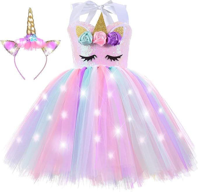 Sequin Unicorn Princess Costume for Girls, Lighted Birthday Party Tutu Dress Halloween Decoration... | Amazon (US)