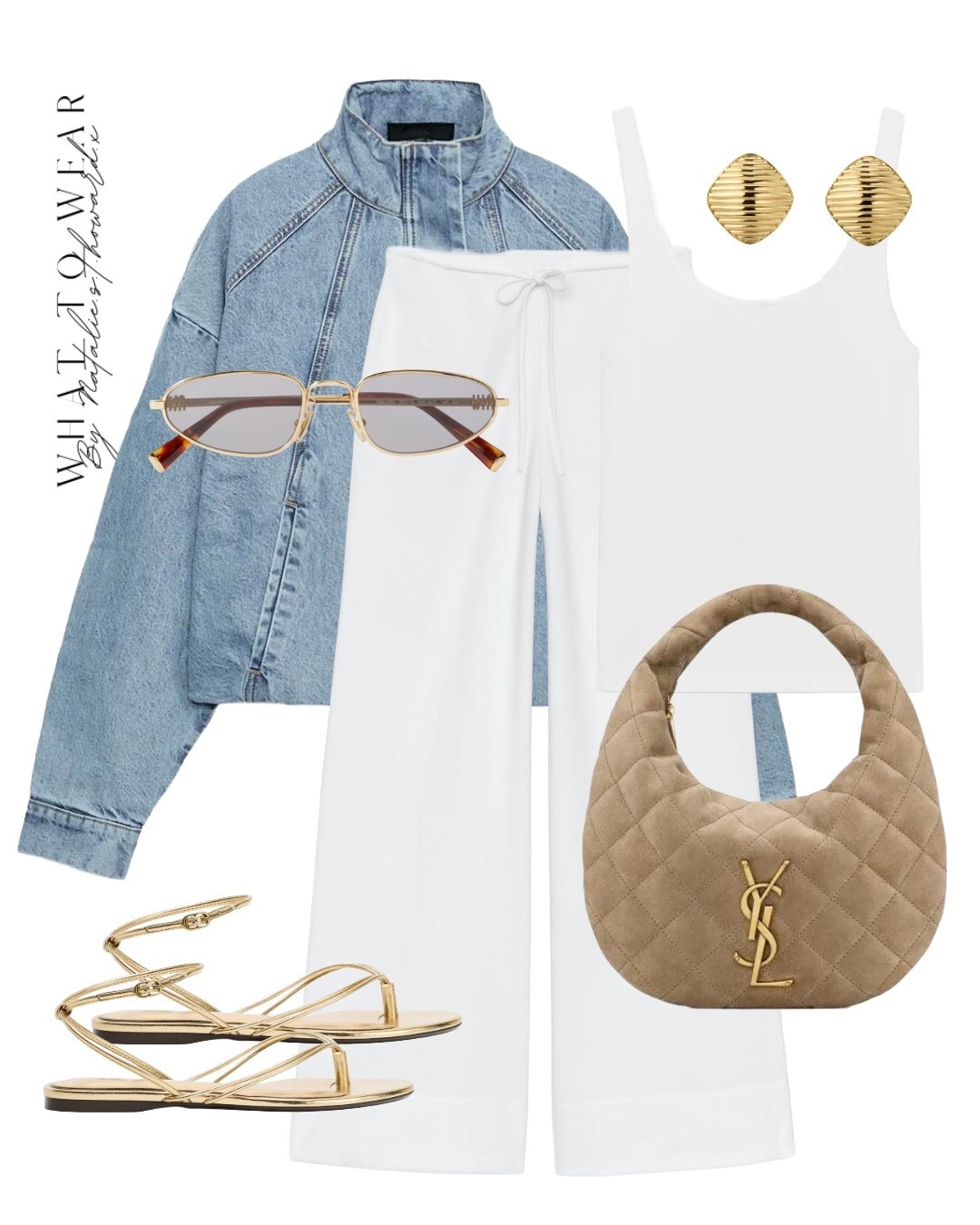 Denim bomber jacket with a funnel neck and white comfy wide leg trousers. The gold sandals are a spring summer staple - perfect for holiday x

#LTKuk #LTKstyletip #LTKspring
