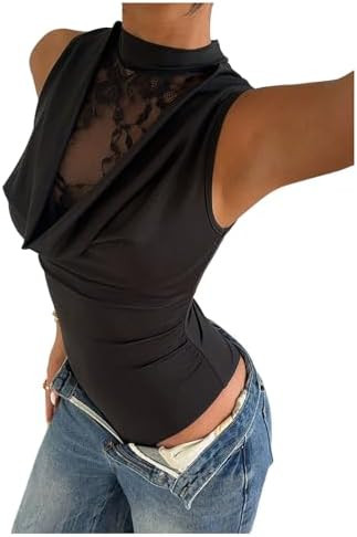 SweatyRocks Women's Sexy Lace Draped Mock Neck Bodysuit Ruched Sleeveless Party Night Out Leotard... | Amazon (US)
