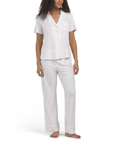 2Pc Short Sleeve Strawberry Stripe Notch Collar Pajama Set For Women, Spandex/Modal/Polyester | TJ Maxx