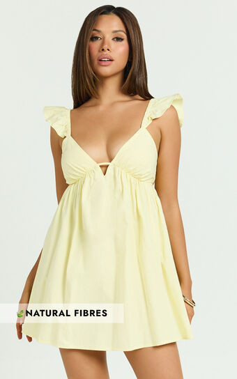 Maisy Mini Dress - Ruffle Sleeve V Neck Dress in Yellow | Showpo (US, UK & Europe)