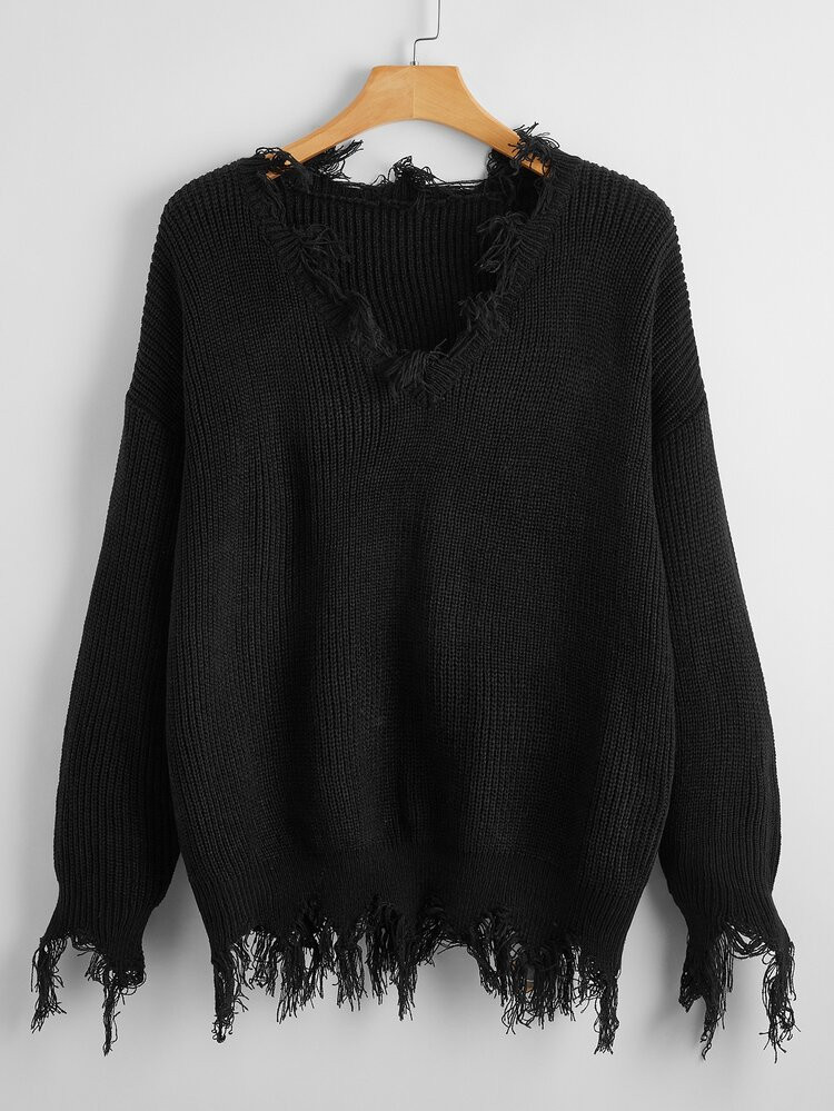 Plus Distressed Frayed V-Neck Sweater | SHEIN