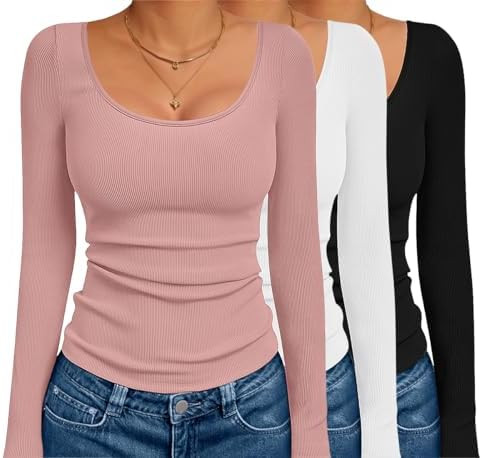 Ekouaer 3 Pack Long Sleeve Shirts for Women Scoop Neck Ribbed Thermal Tops Slim Fit Basic Undersh... | Amazon (US)