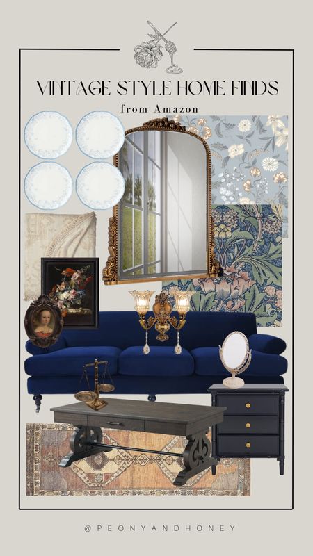 Shop these vintage style home decor and furniture finds from Amazon including some floral antique style wallpaper, ornate mirror, and navy blue velvet sofa!  #vintagestyle #homedecor #amazonfinds #livingroom #sofa #ornatemirror #wallpaper

#LTKFind #LTKhome