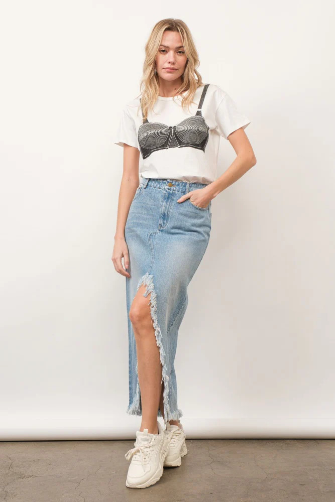 Light Wash Mid Rise Frayed Edge Denim Skirt | PinkBlush Maternity
