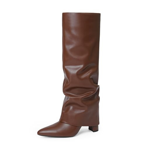 Modatope Brown Slouchy Boots Women Brown Slouchy Fold Over Knee High Boots Chunky High Heeled Tall Boots Pointed Toe Long Boots Knee High Boots Size 11 | Amazon (US)