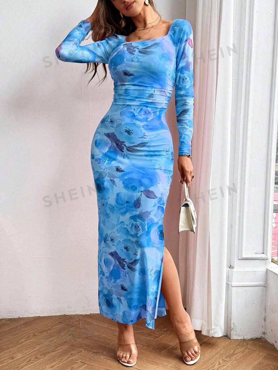 SHEIN Privé Women's Floral Print Side Slit Slim Fit Maxi Dress | SHEIN