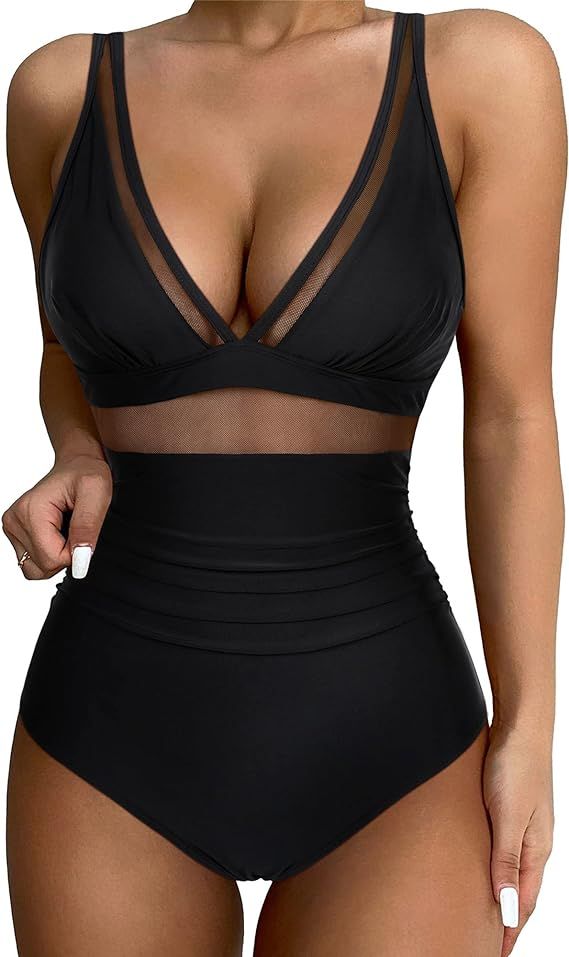 SUUKSESS Women Sexy Mesh Tummy Control Swimsuit Push Up High Waisted Bathing Suit | Amazon (US)