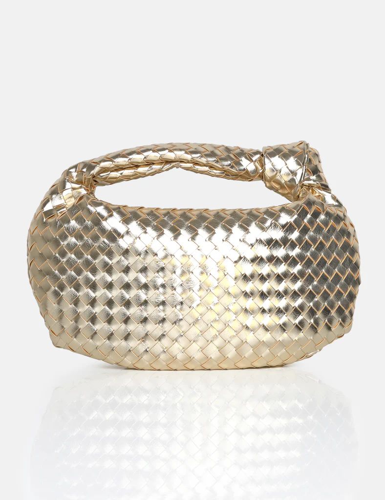 The Blame Metallic Gold Woven PU Knot Detail Mini Grab Bag | Public Desire