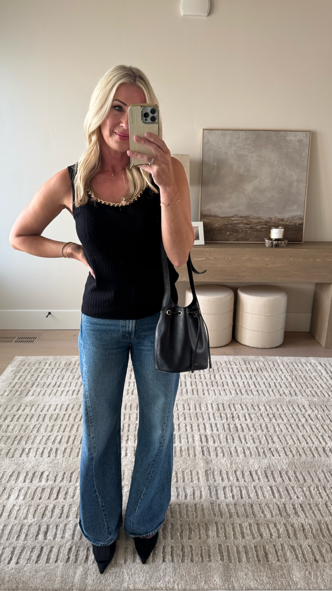 Date night outfit 
Sweater tank w/ pretty gold chain 
Bucket bag
Kitten heel 
Mother twist denim 
Size down in jeans and tank if you’re in between sizes 


#LTKdayinmylife #LTKootd