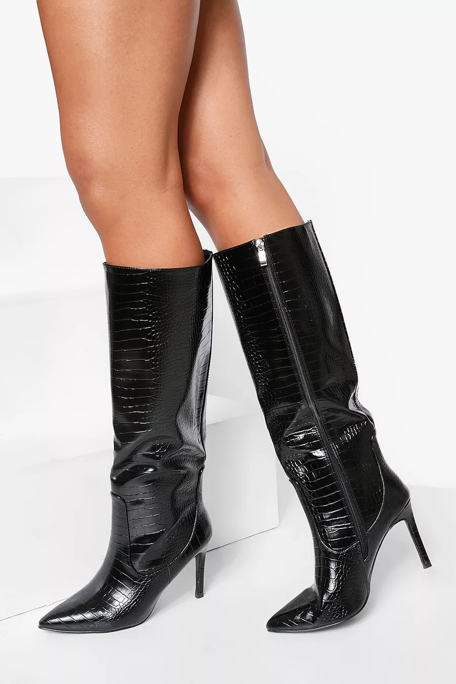 Croc Pointed Toe Knee High Boots | Boohoo.com (US & CA)