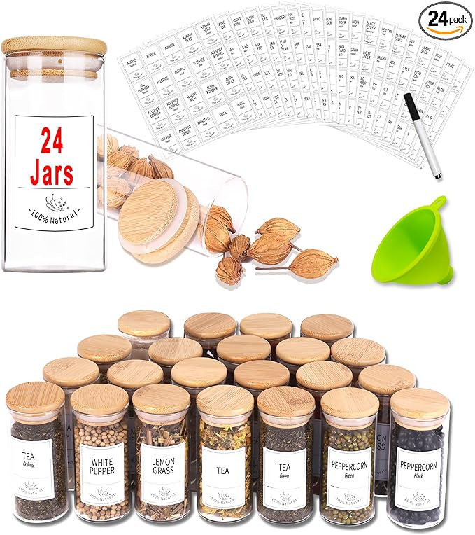 Churboro 24 Glass Spice Jars with Bamboo Airtight Lids, 400 Spice Labels, Funnel and Chalk Marker... | Amazon (US)