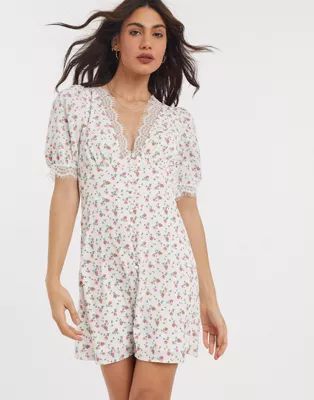 Fashion Union mini dress with puff sleeve and lace trim in ditsy floral print | ASOS (Global)