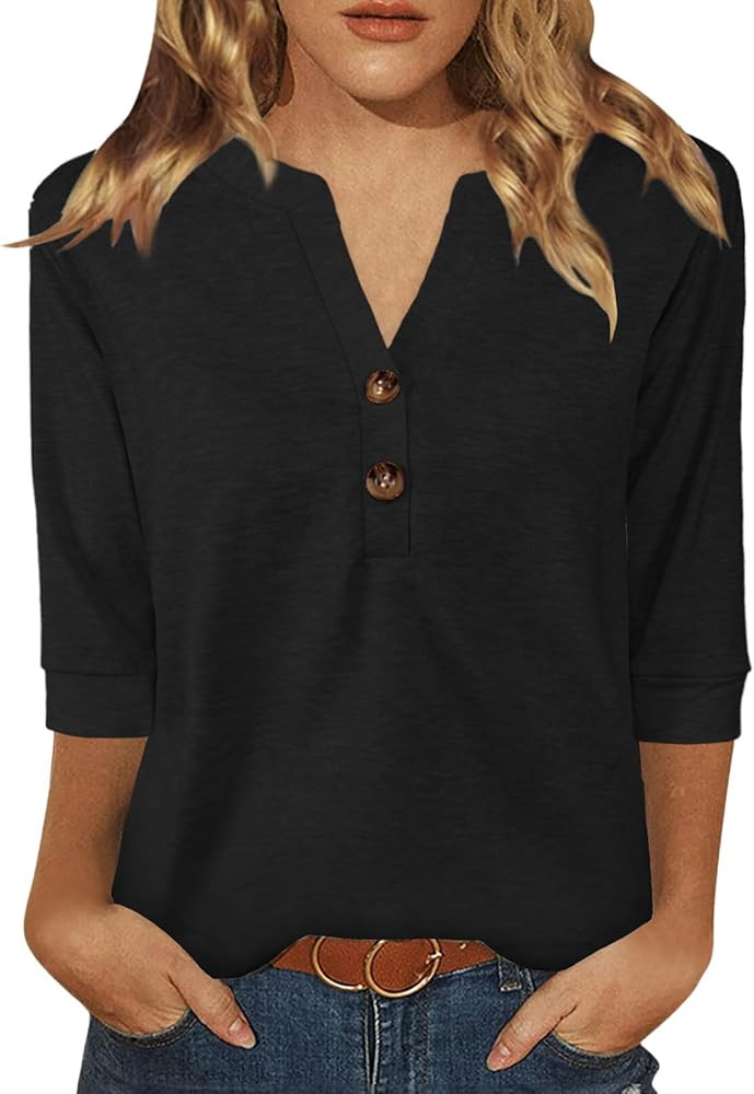 Womens Tops 3/4 Sleeve V Neck Button Down Shirts Business Casual Outfit Basic Tees Summer Top 202... | Amazon (US)