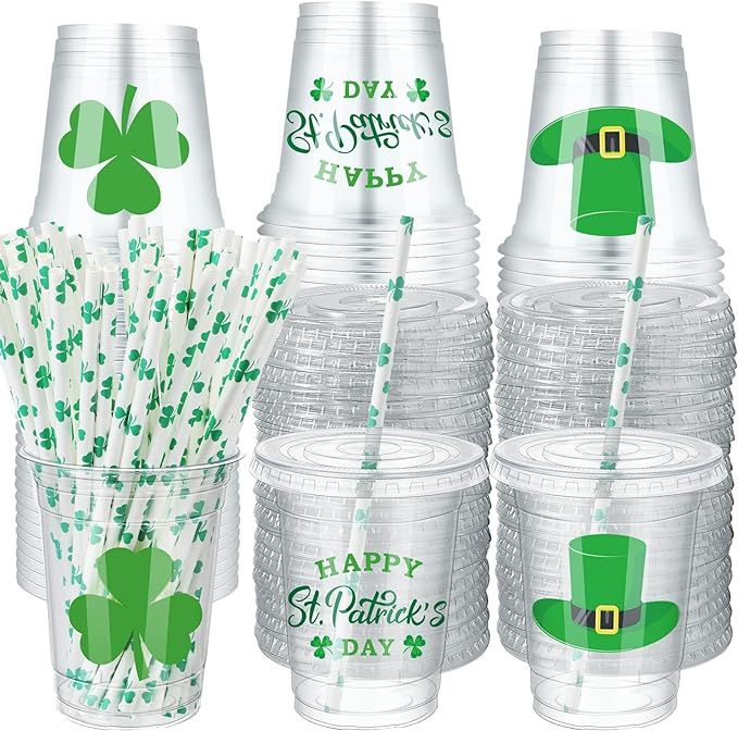 Patelai 120 Pcs St Patrick's Day Shamrock Cups with Lids and 120 Pcs Shamrock Paper Straws, Dispo... | Amazon (US)