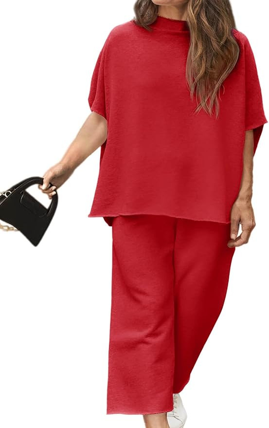 Beautife Women's Plus Size 2 Piece Outfits 3/4 Batwing Sleeve Capelet Crew Neck Pullover Top Wide... | Amazon (US)