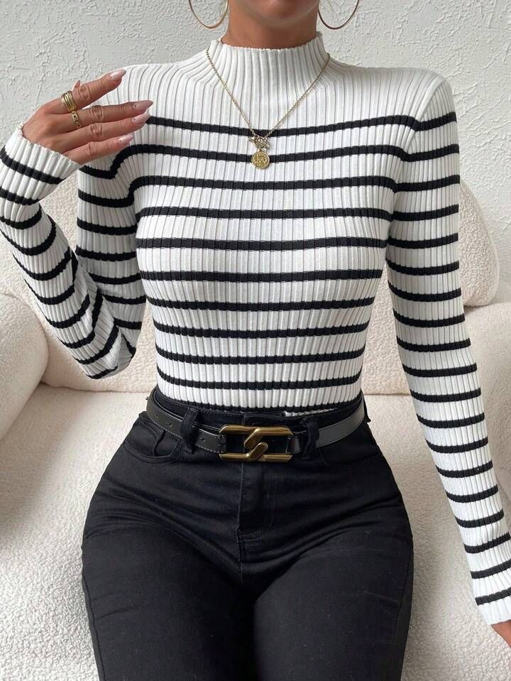 SHEIN Essnce Striped Pattern Mock Neck Sweater | SHEIN