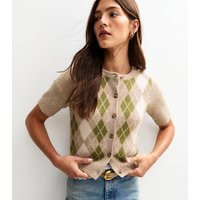 Women's Brown Argyle Short Sleeve Crew Neck Cardigan New Look | New Look (UK)
