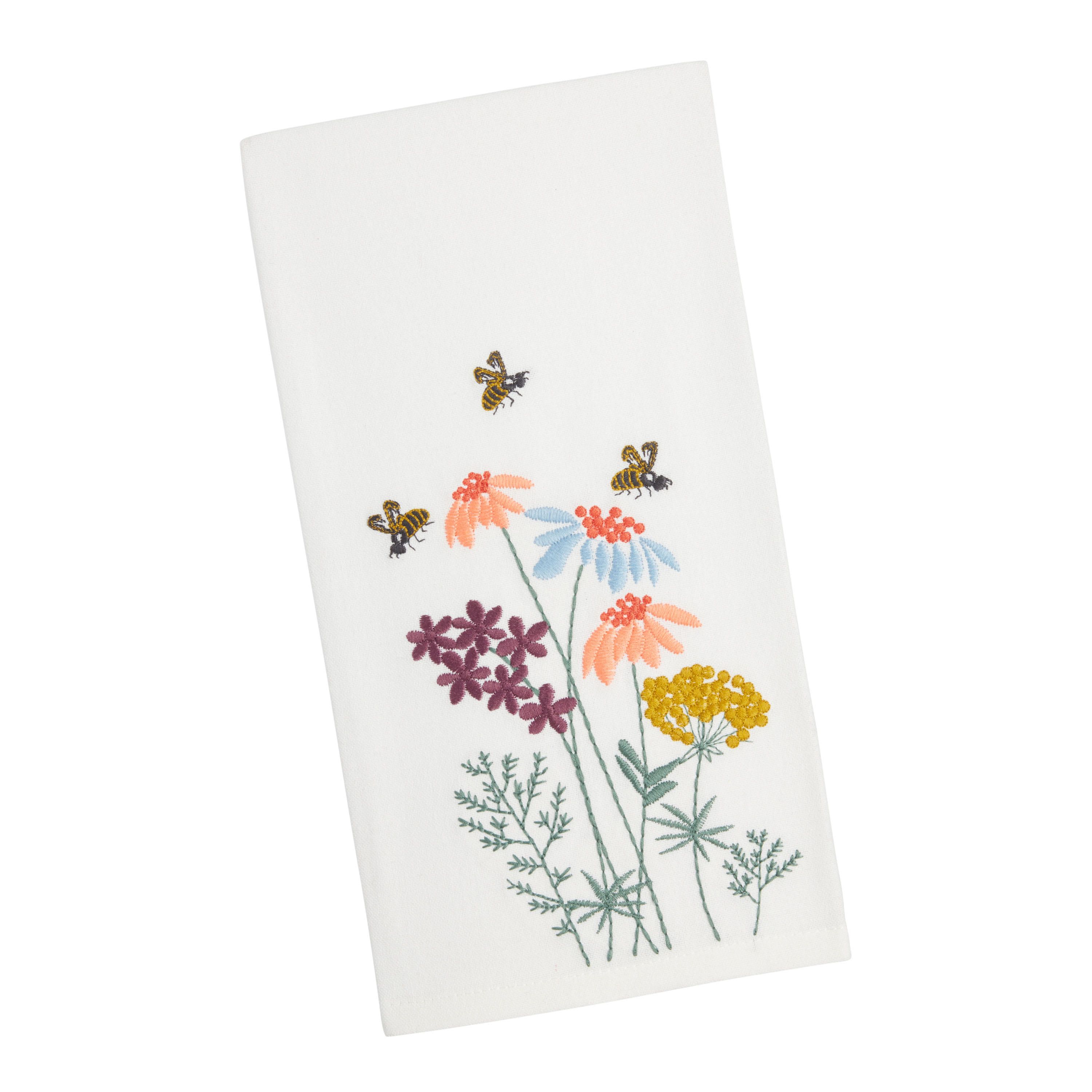 Embroidered Bee and Flowers Kitchen Towel Set of 2 | World Market