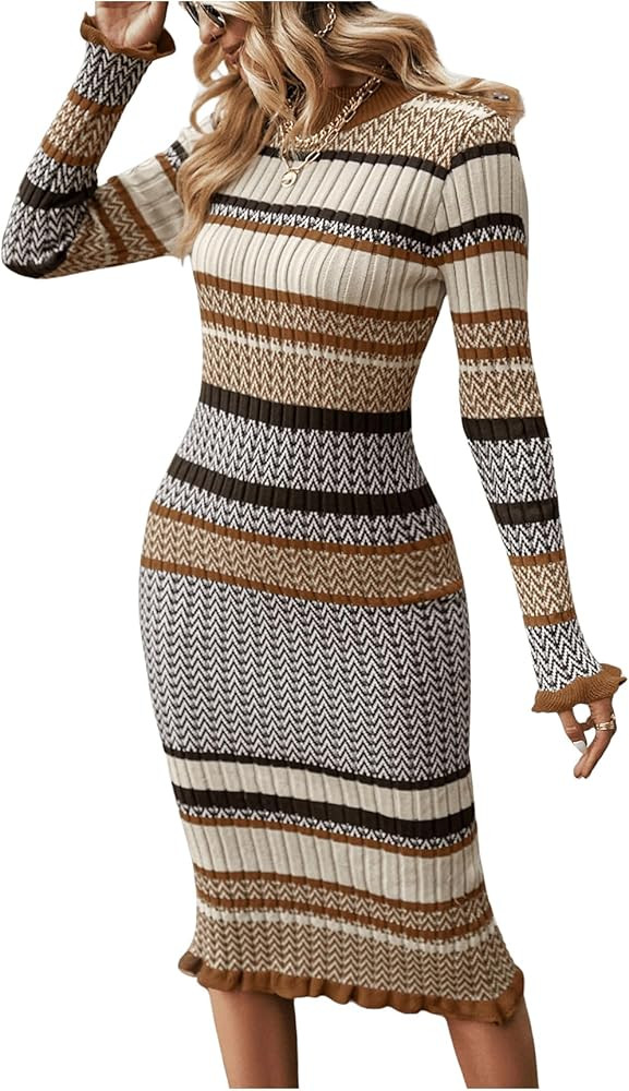 SOLY HUX Women's Striped Sweater Dress Crew Neck Long Sleeve Ruffle Bodycon Midi Dresses | Amazon (US)