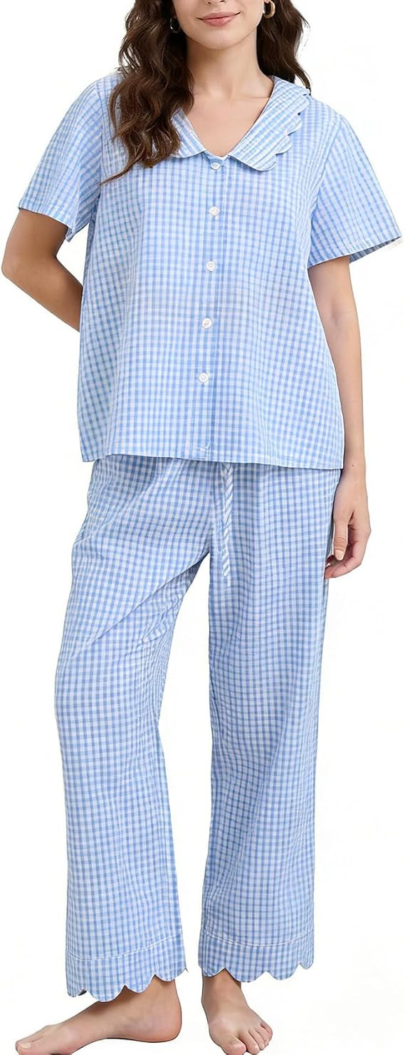 Womens Gingham Pajama Set Cotton 2 Piece Plaid Scalloped Edge Shirt Top Pants Sleepwear | Amazon (US)