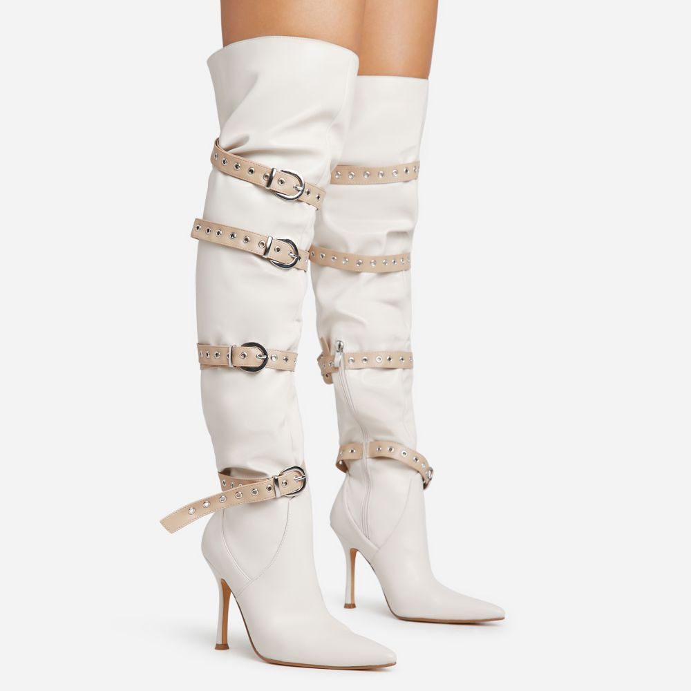 Super-Speed Multi Buckle Strap Detail Pointed Toe Stiletto Heel Over The Knee Thigh High Long Boo... | EGO Shoes (US & Canada)