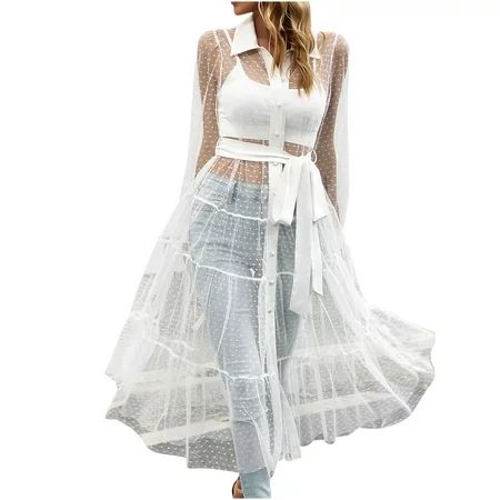 Tulle Shirt Dresses for Women Long Sleeve Button Down Tops Mesh See-through Tiered Belted Maxi Dress | Walmart (US)