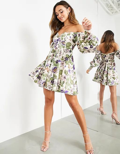 ASOS EDITION off shoulder mini dress in floral print | ASOS (Global)
