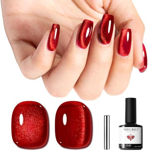 modelones Red Cat Eye Gel Nail Polish Magnetic Glitter Holographic Red Ruby Christmas Polish Refl... | Amazon (US)