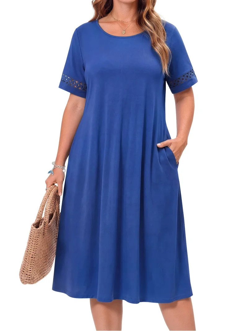 WellSize Plus Size Dresses for Women Summer Crew Neck Short Sleeve Sundresses Casual Beach Midi D... | Walmart (US)