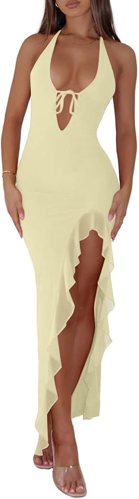 Women Sexy Halter V Neck Maxi Dress Mesh Ruffle Hem Bodycon Backless High Slit Cocktail Party Wed... | Amazon (US)