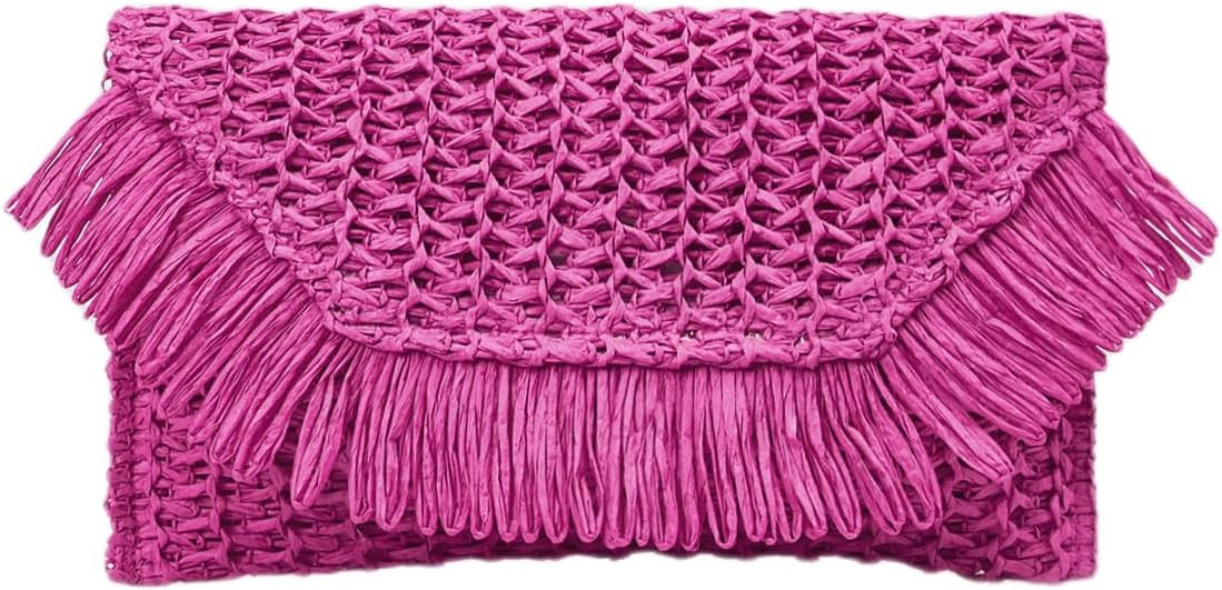 Floerns Women's Woven Straw Envelope Fringe Trim Rattan Beach Clutch Handbag | Amazon (US)